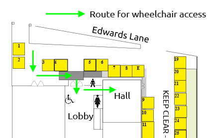 Diagram showing wheelchair access route to the hall